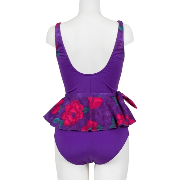 Christina Peplum Hem 80s / 90s Vintage Low Cut Back One Piece Floral Swimsuit - Picture 3 of 10